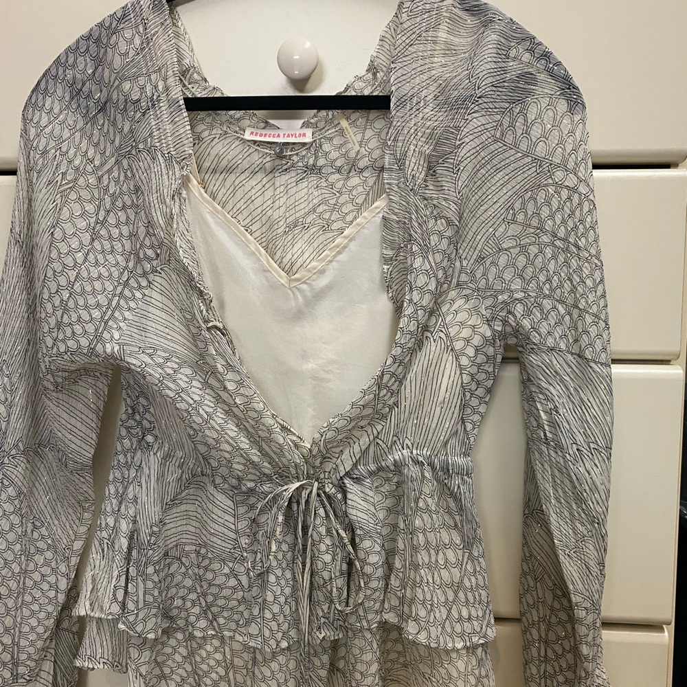 Rebecca Taylor White and Gray metallic Patterned Blouse
